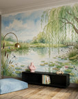 Dragonfly Dreams removable wallpaper transforming living room with watercolor pond scene featuring willow tree and lily pads