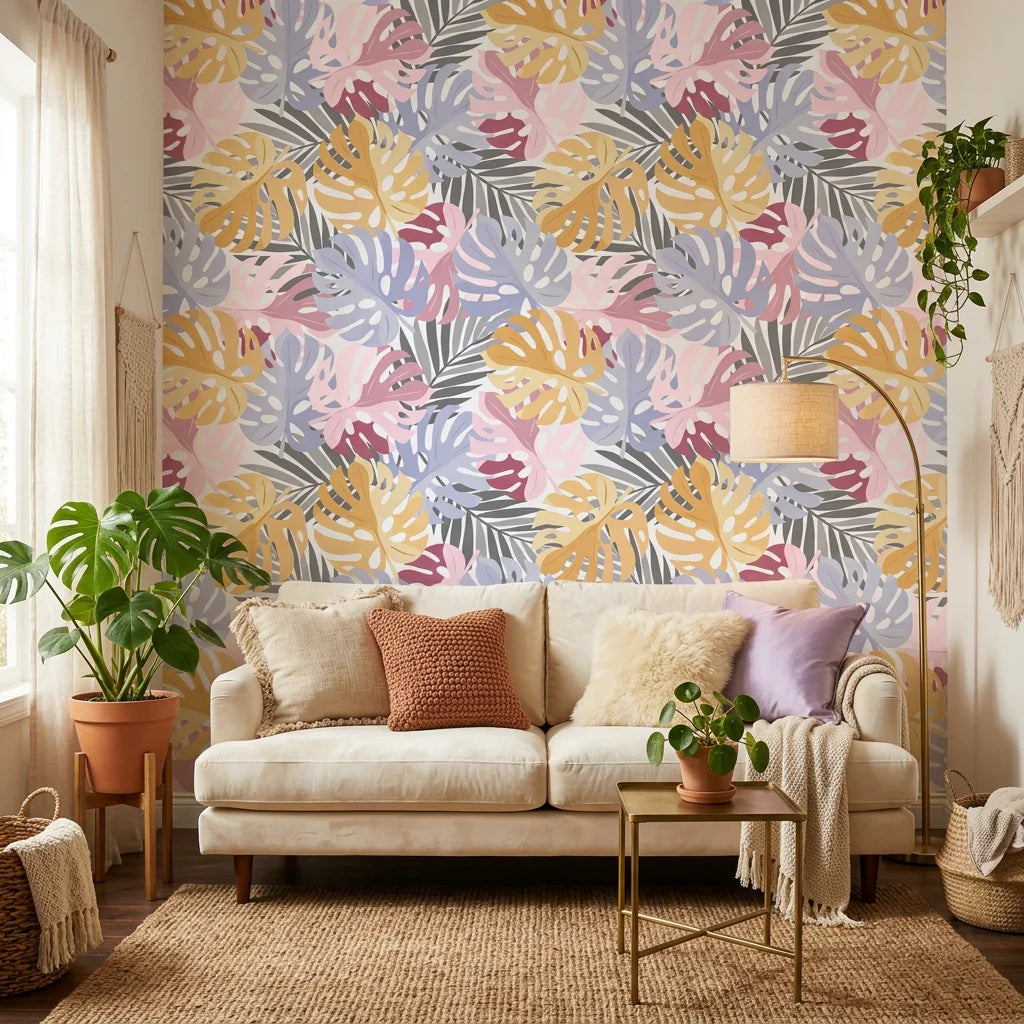 Dream Canopy blush pastel tropical leaf in a warm and inviting living room