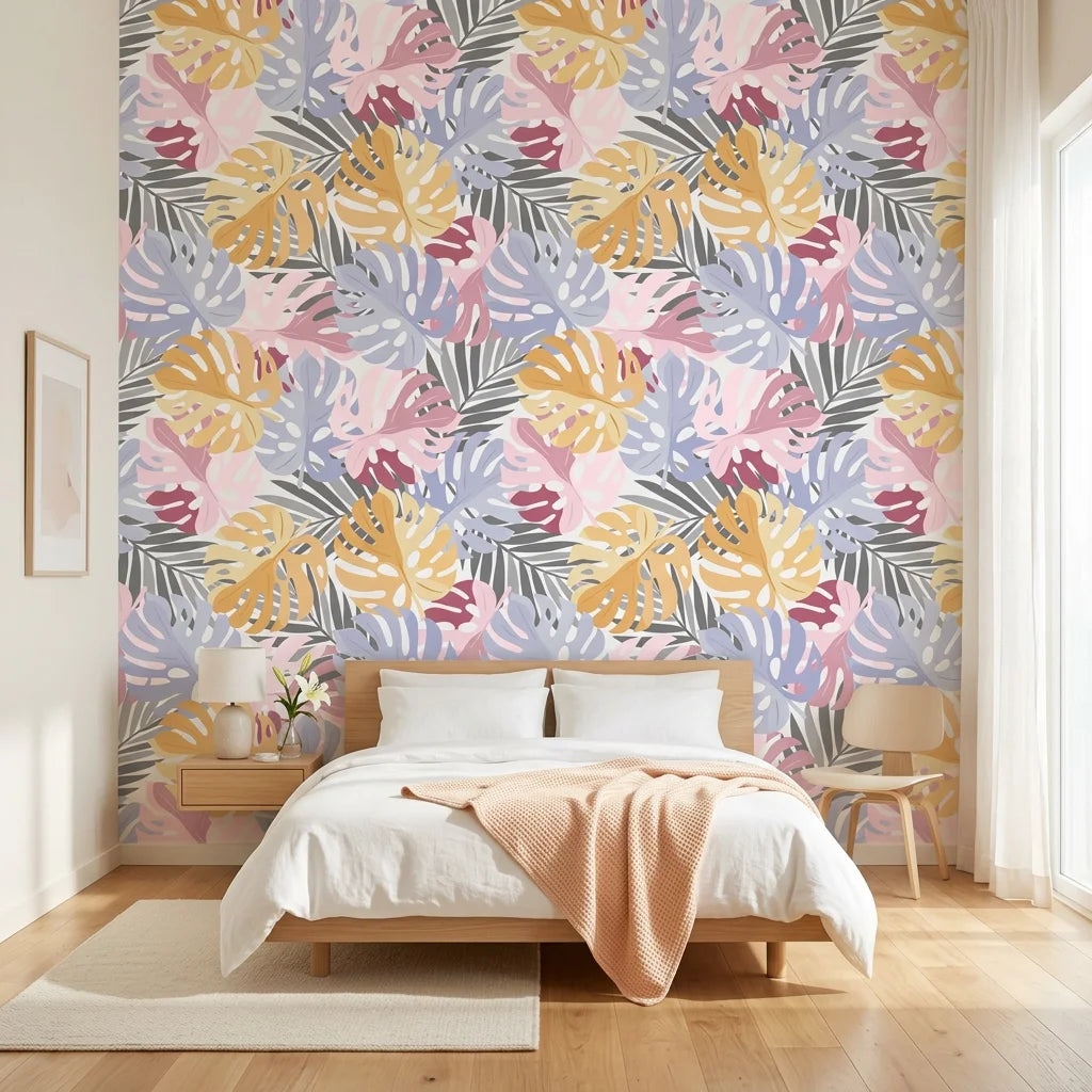 Dream Canopy blush pastel tropical leaf adding character to a cozy bedroom