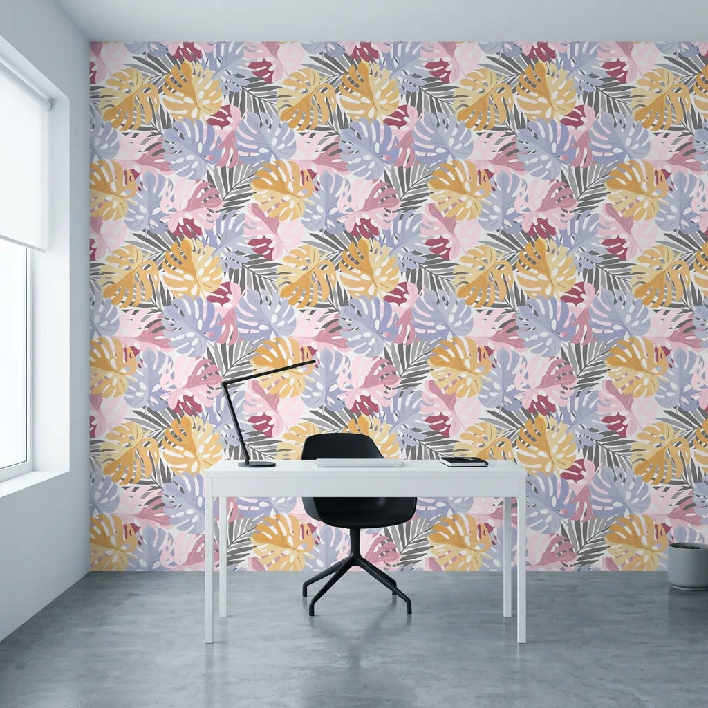 Dream Canopy blush pastel tropical leaf as a feature wall in a bright home office
