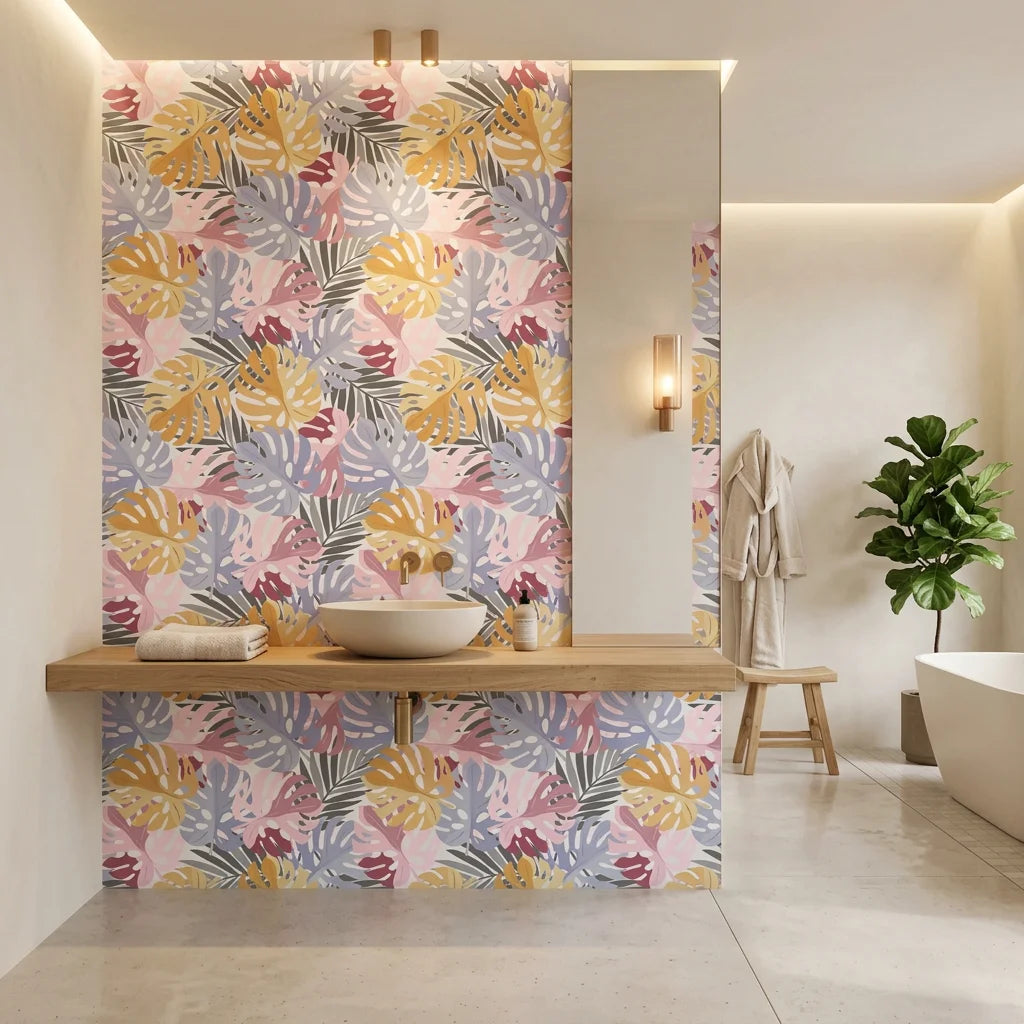 Dream Canopy blush pastel tropical leaf creating ambiance in a serene bathroom