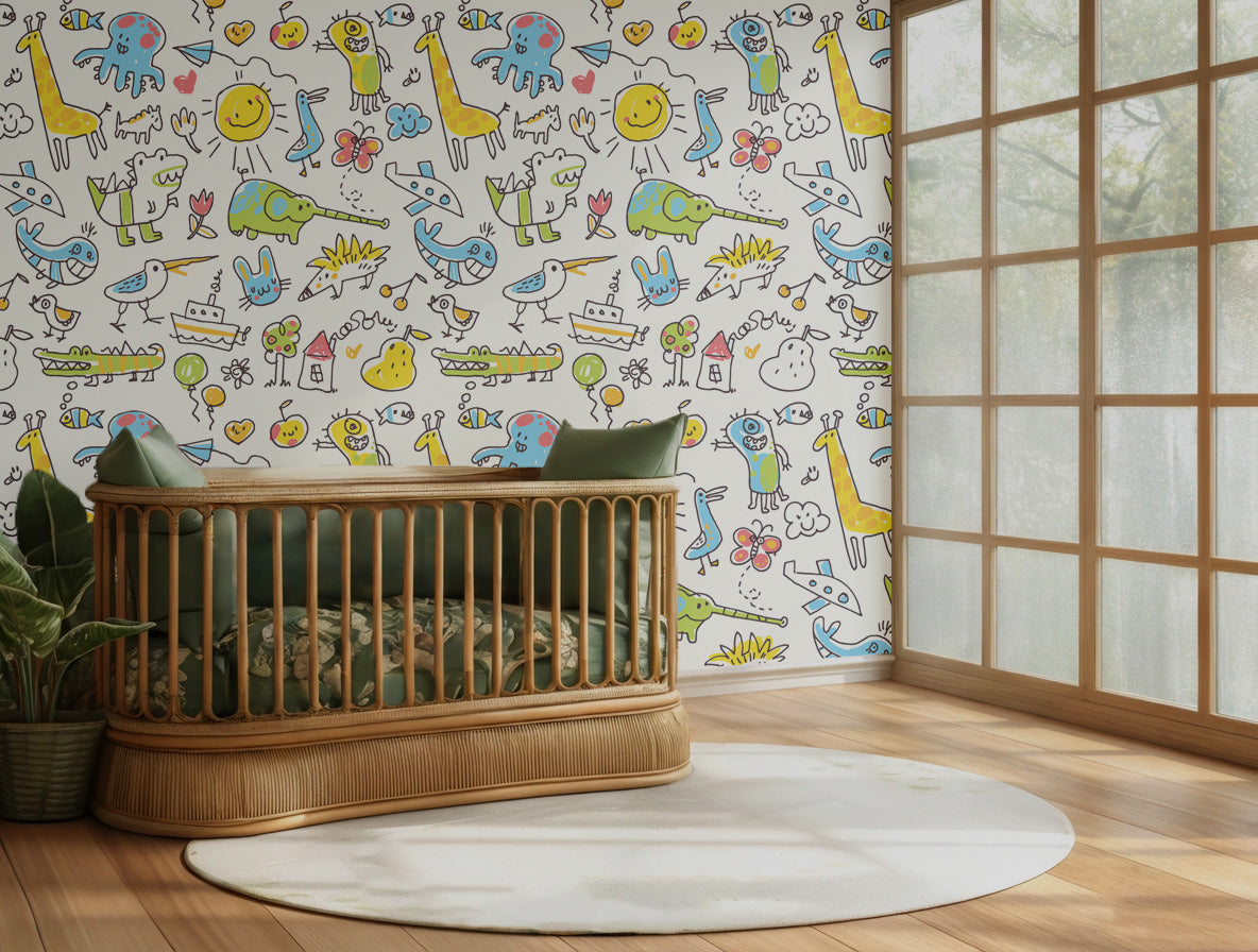 Seamless wallpaper pattern filled with imaginative, dreamlike line art illustrations