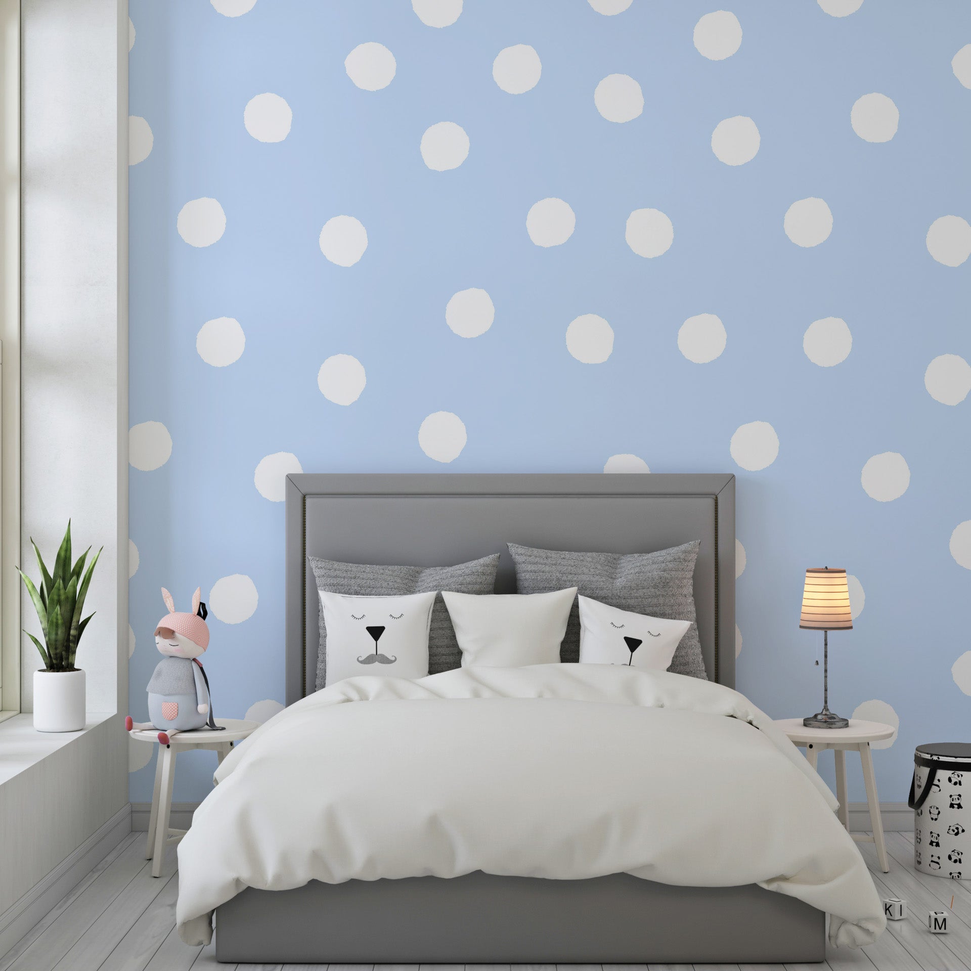 Soft azure and white sketched circle self-adhesive wall covering - Dream Drops