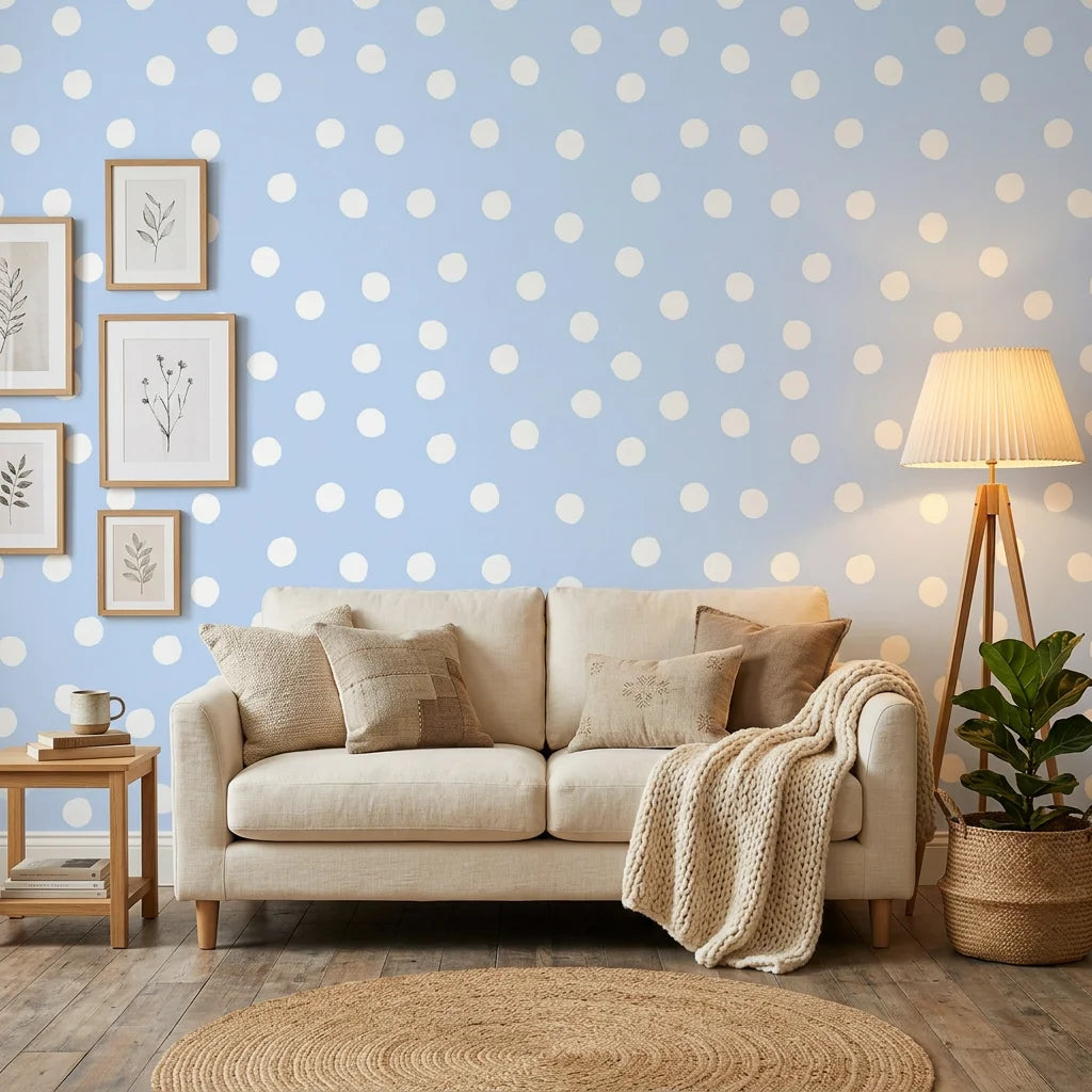 Dream Drops light blue polka dot wallpaper in a warm and inviting living room