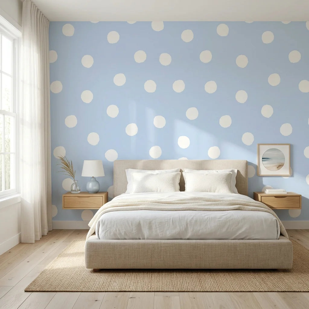 Dream Drops light blue polka dot wallpaper adding character to a cozy bedroom