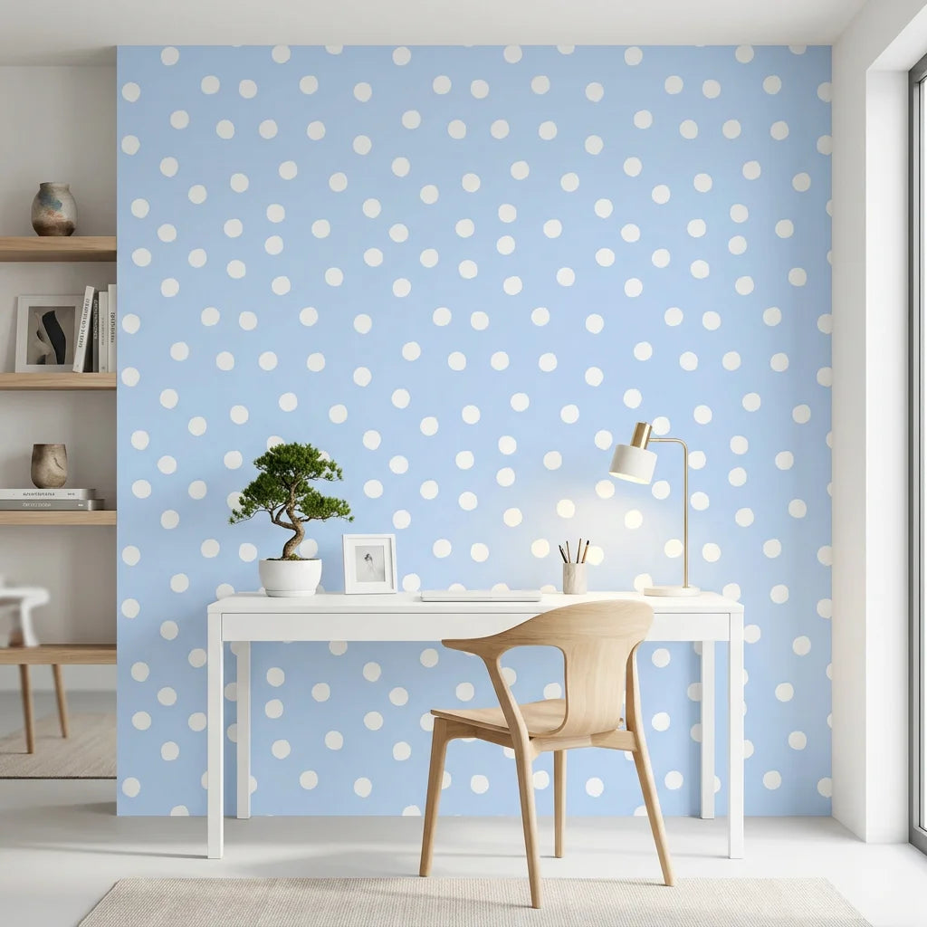 Dream Drops light blue polka dot wallpaper as a feature wall in a bright home office
