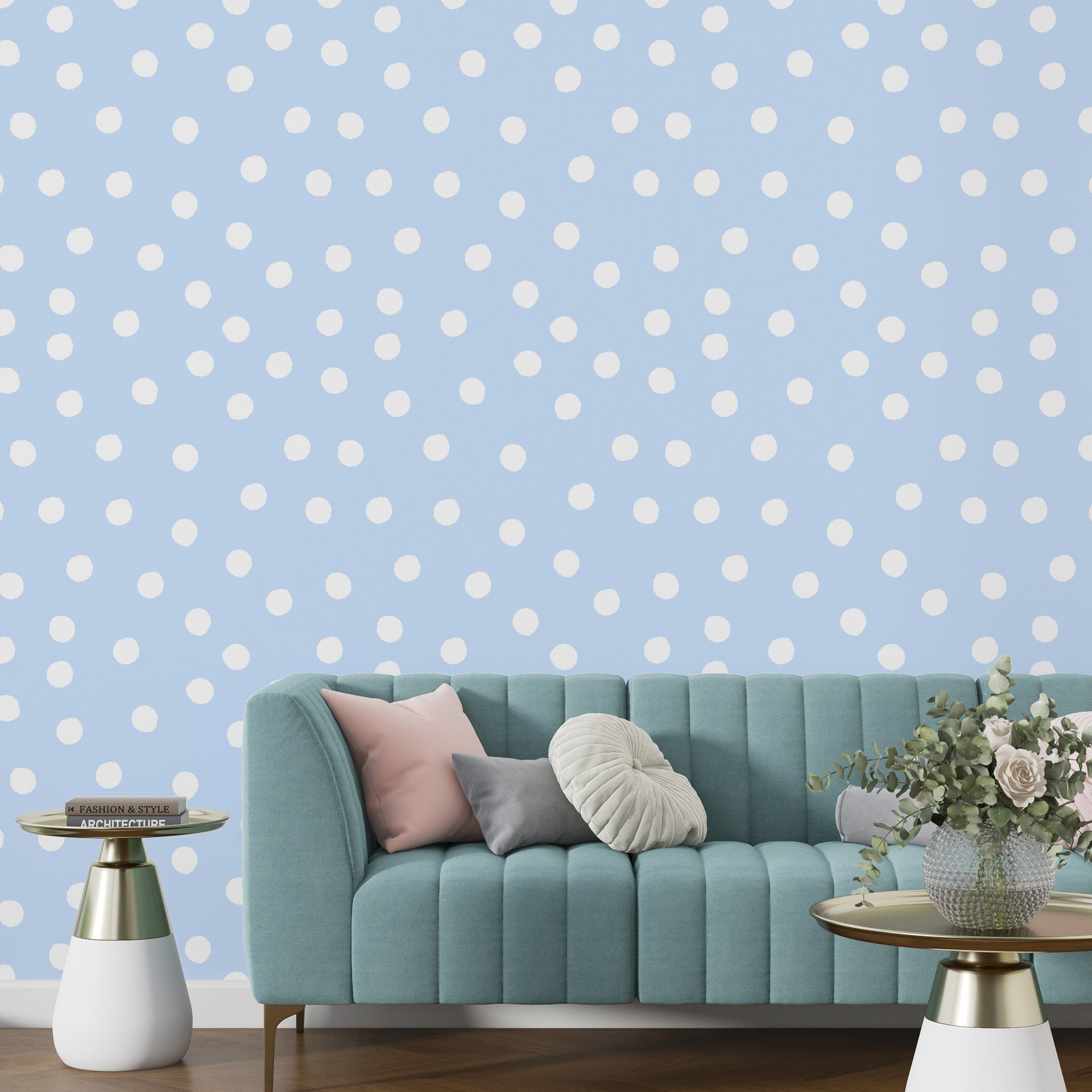 Sky blue removable wall decal with hand-drawn white circular motifs - Dream Drops