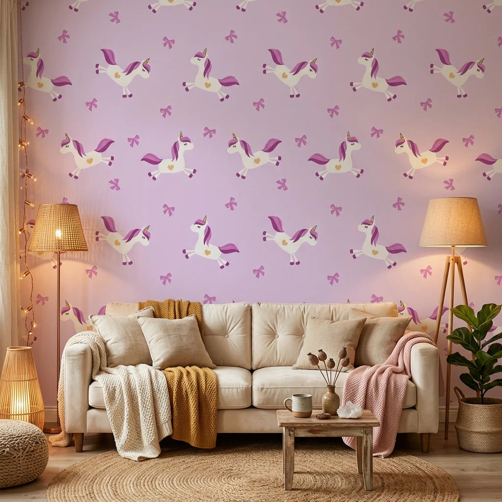 Dream Flight lilac flying unicorn wallpaper in a warm and inviting living room