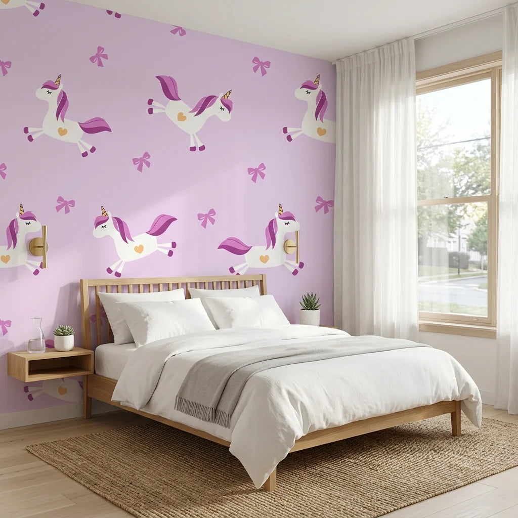 Dream Flight lilac flying unicorn wallpaper adding character to a cozy bedroom