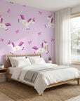 Dream Flight lilac flying unicorn wallpaper adding character to a cozy bedroom
