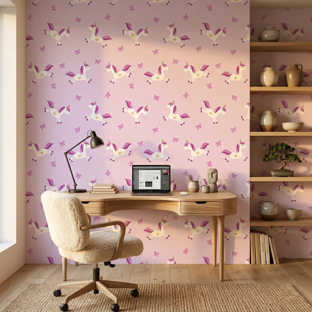 Dream Flight lilac flying unicorn wallpaper as a feature wall in a bright home office