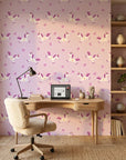 Dream Flight lilac flying unicorn wallpaper as a feature wall in a bright home office