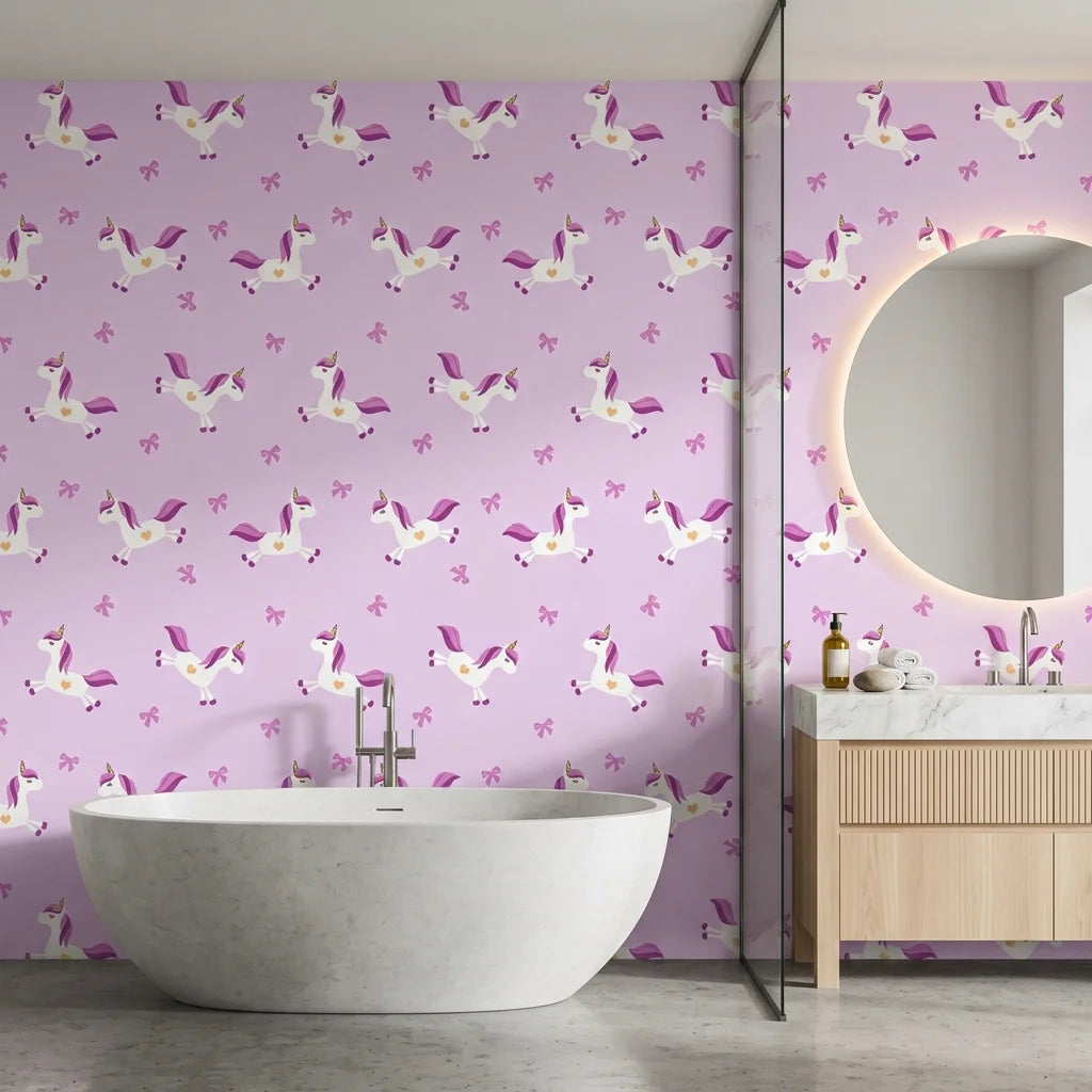 Dream Flight lilac flying unicorn wallpaper creating ambiance in a serene bathroom