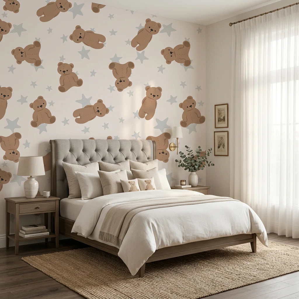 Dream Tandem beige teddy bear and star wallpaper adding character to a cozy bedroom