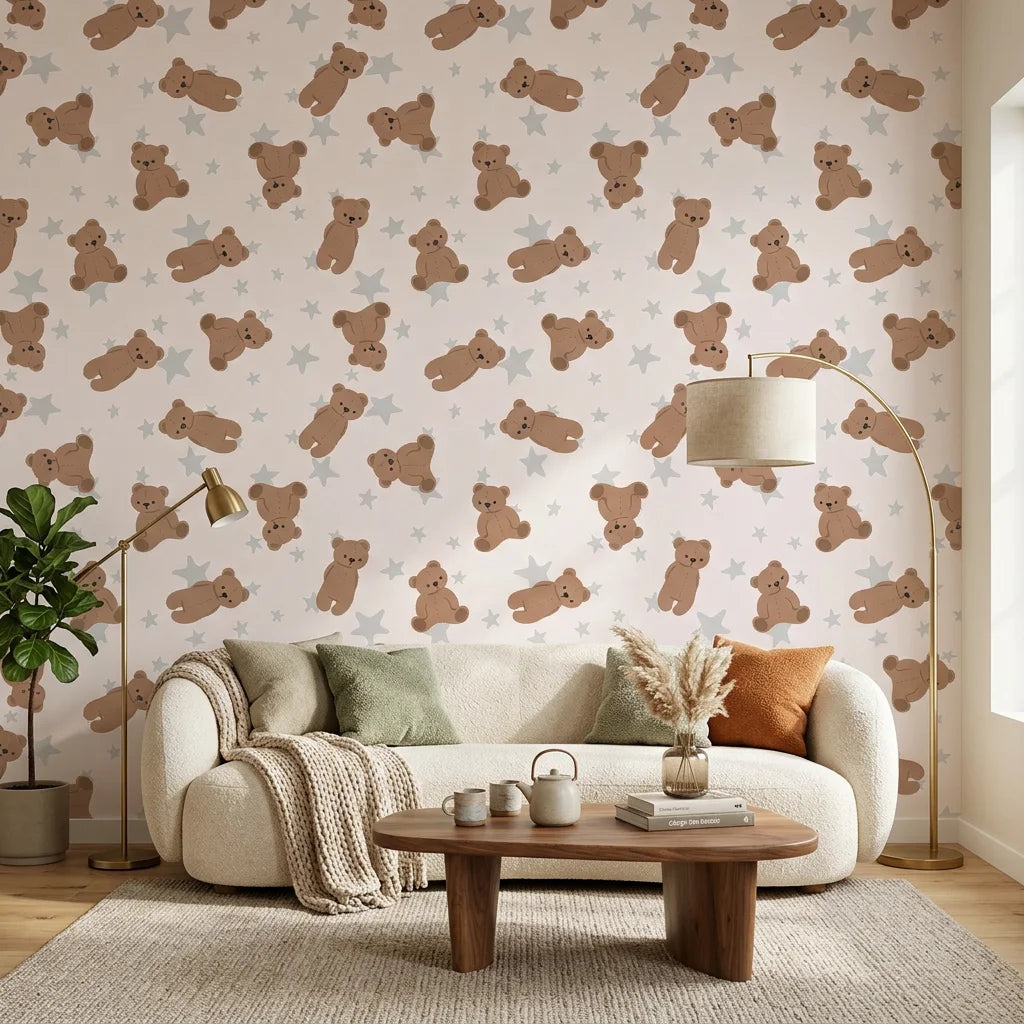 Dream Tandem beige teddy bear and star wallpaper as a feature wall in a bright home office
