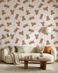 Dream Tandem beige teddy bear and star wallpaper as a feature wall in a bright home office
