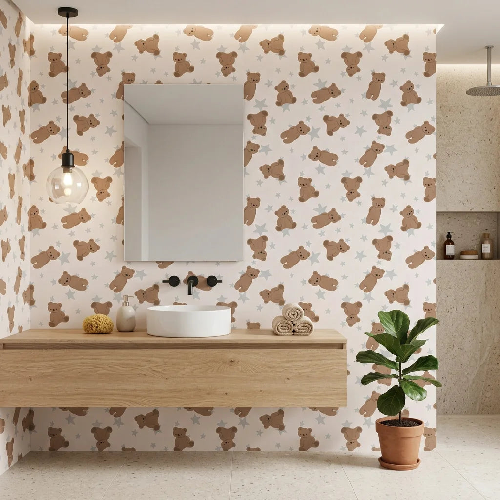 Dream Tandem beige teddy bear and star wallpaper creating ambiance in a serene bathroom