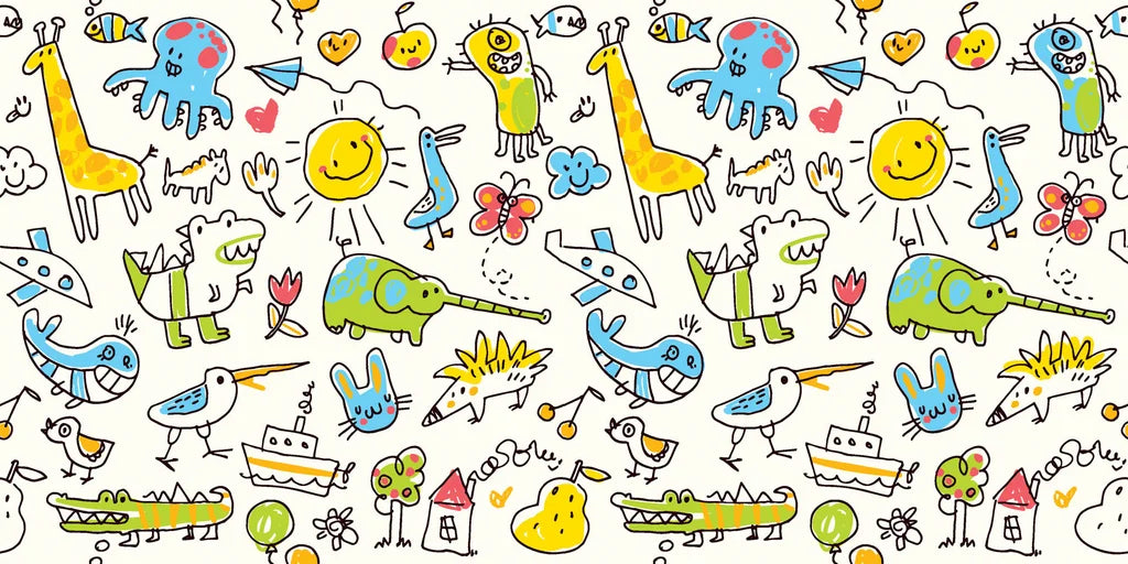 Matte cream crayon animal and sun doodle peel stick wallpaper -Dream Doodles