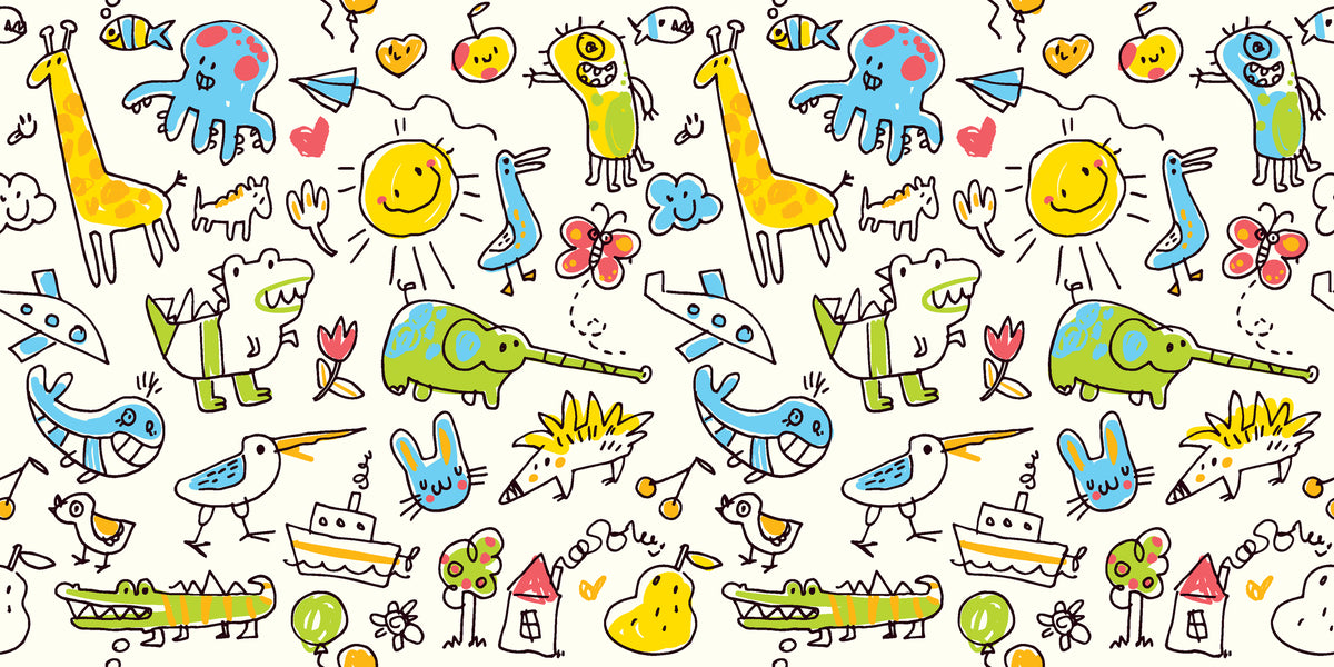 Matte cream crayon animal and sun doodle peel stick wallpaper -Dream Doodles