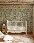 Removable matte neutral wallpaper featuring sketchy crayon illustrations of creatures and sunshine - Dream Doodles