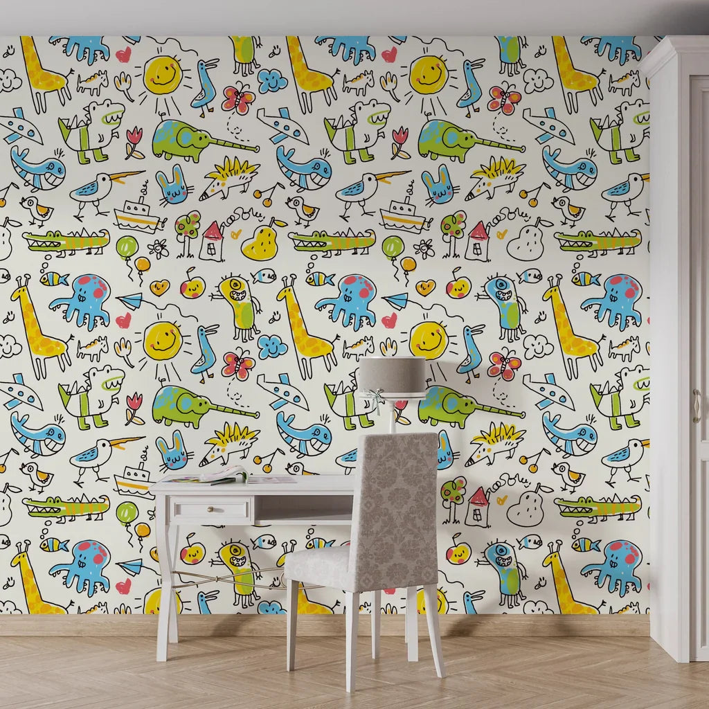 Whimsical hand-drawn animals and suns on a flat ivory self-adhesive wall covering - Dream Doodles