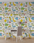 Whimsical hand-drawn animals and suns on a flat ivory self-adhesive wall covering - Dream Doodles