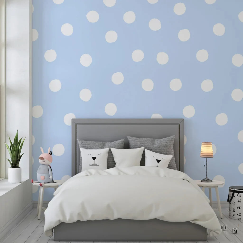 Soft azure and white sketched circle self-adhesive wall covering - Dream Drops
