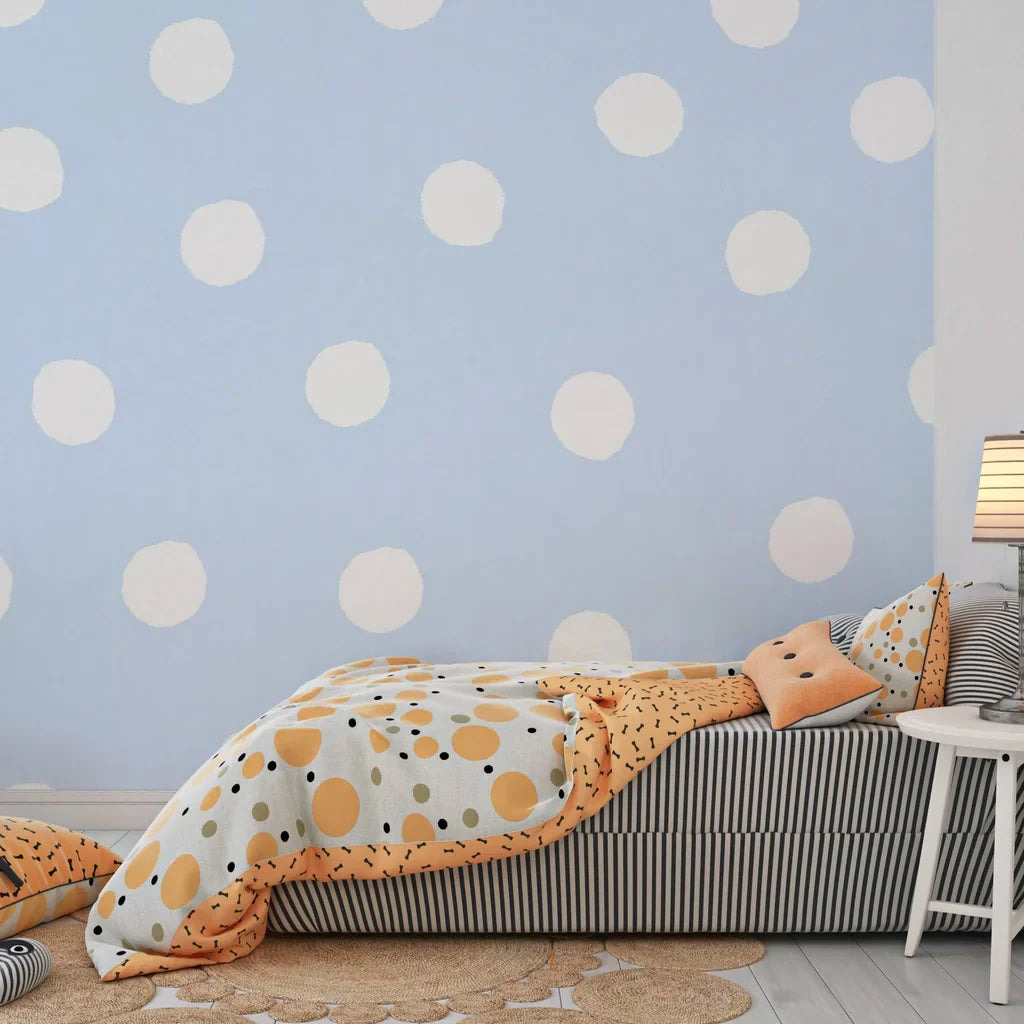 Pale blue wallpaper featuring organic hand-painted white spots - Dream Drops
