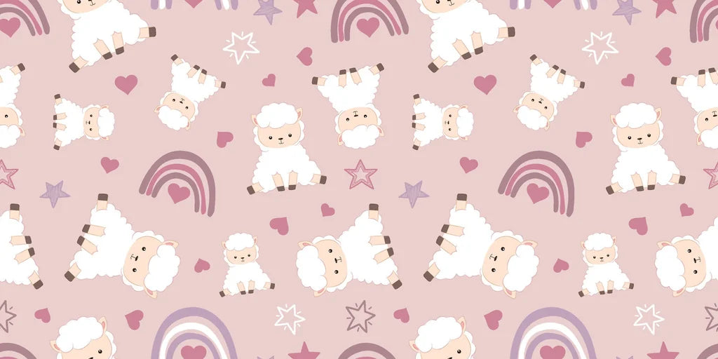Matte mauve sheep and rainbow nursery peel and stick wallpaper -Dream Fields