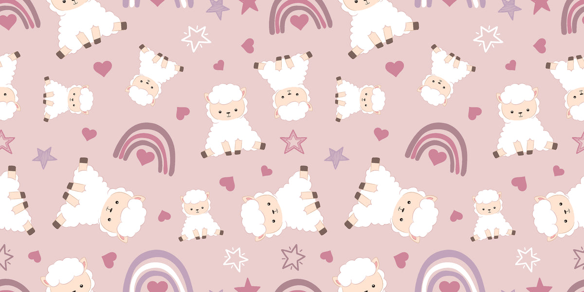 Matte mauve sheep and rainbow nursery peel and stick wallpaper -Dream Fields