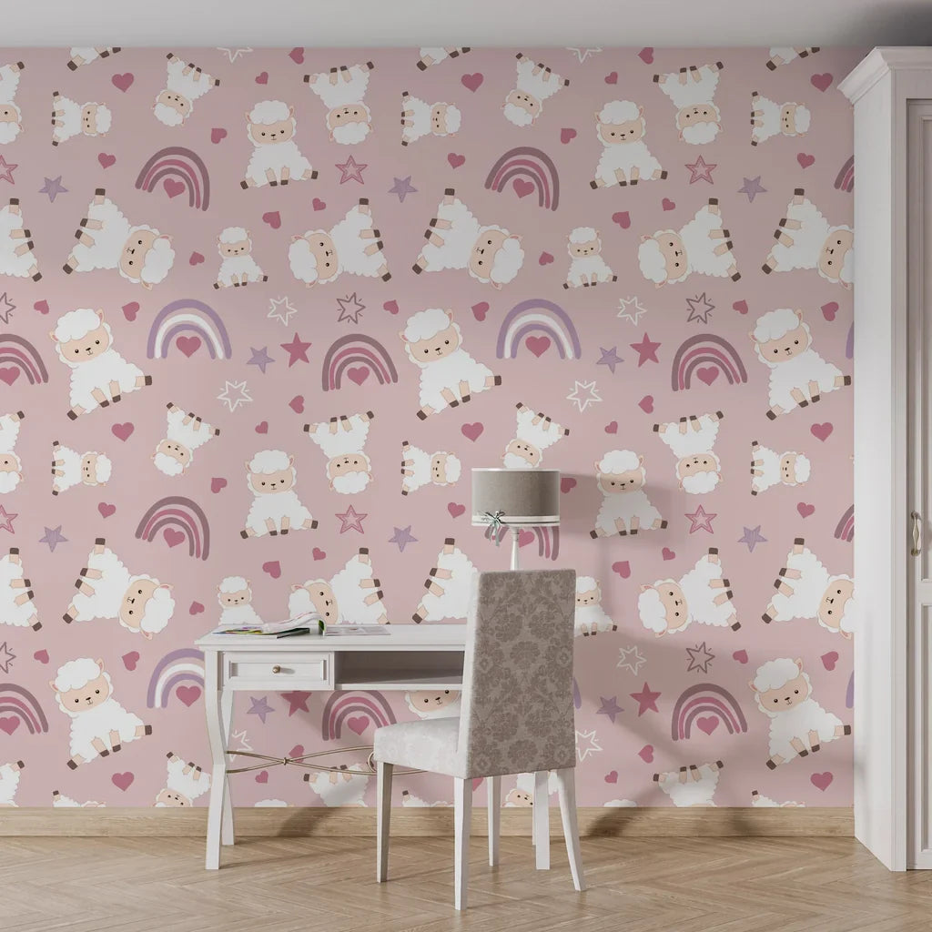 Removable wall covering for nurseries featuring a matte mauve base with a pattern of gentle sheep and rainbows - Dream Fields