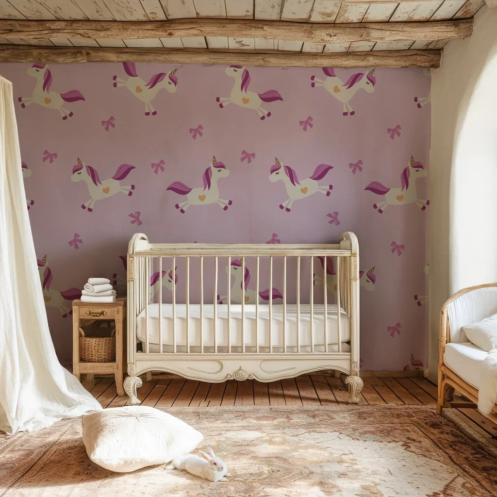 Pale violet unicorn and blush bow pattern featured on a removable peel-and-stick backdrop - Dream Flight