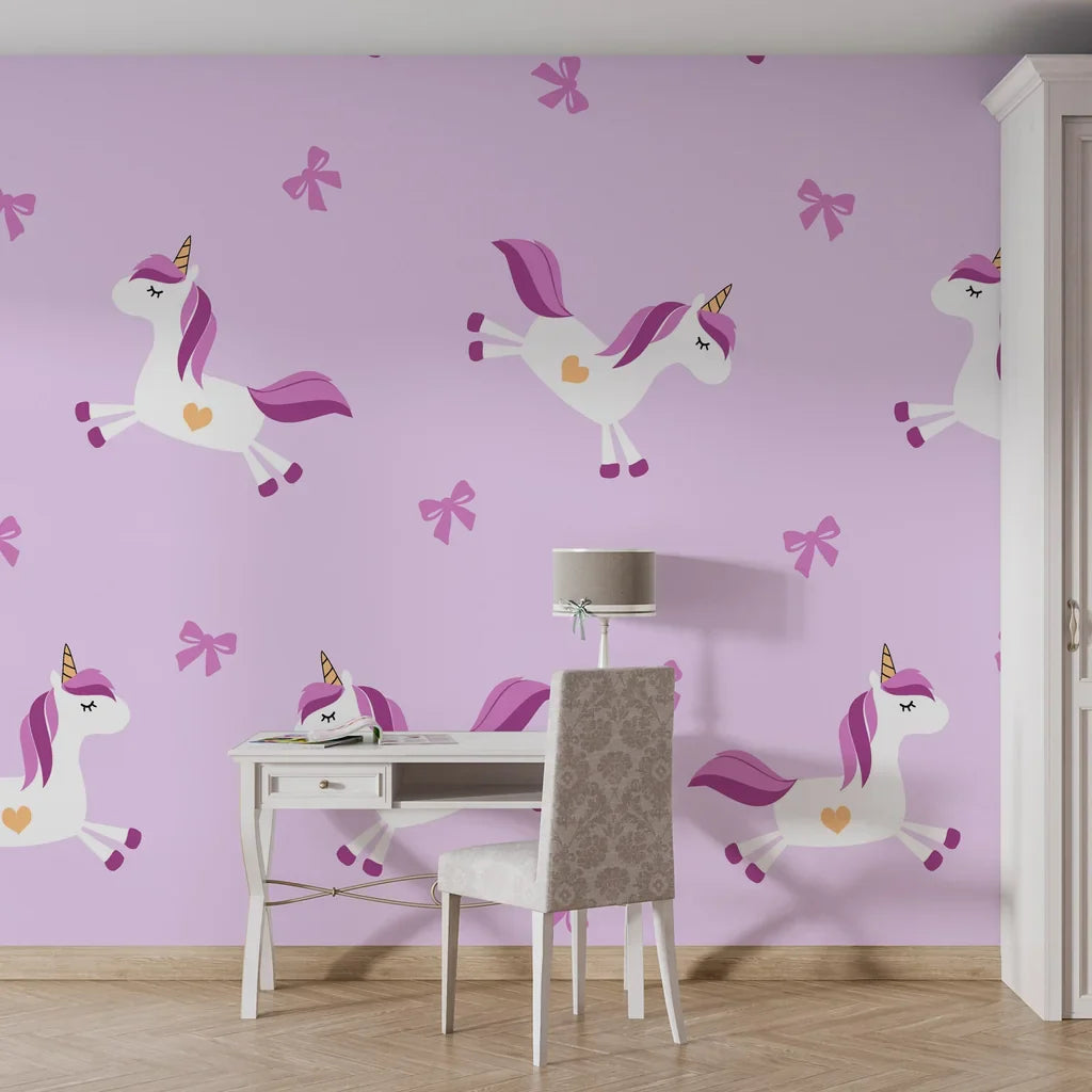 Sleek lavender mythical horses adorned with rosy ribbons on a self-adhesive wall covering - Dream Flight