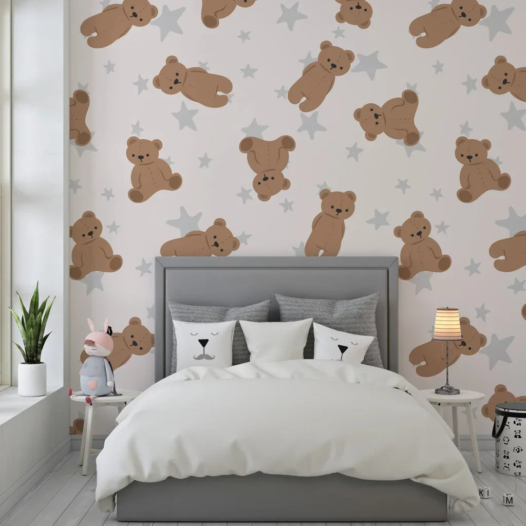 Neutral beige nursery wallpaper featuring whimsical teddy bears and scattered stars in a peel-and-stick format - Dream Tandem