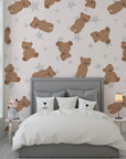 Neutral beige nursery wallpaper featuring whimsical teddy bears and scattered stars in a peel-and-stick format - Dream Tandem