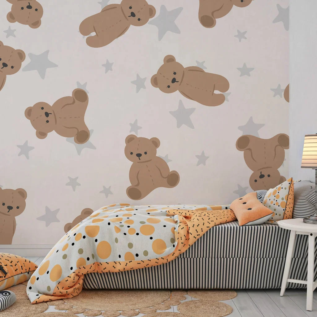 Soft cream-colored removable wall covering adorned with adorable bear illustrations and celestial star patterns - Dream Tandem