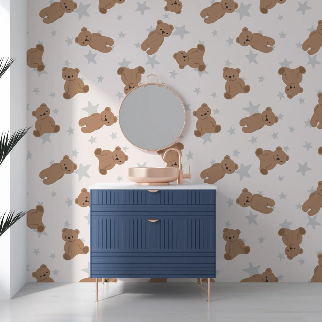 Self-adhesive nursery mural showcasing a gentle tan background with charming teddy bears and twinkling stars - Dream Tandem
