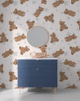 Self-adhesive nursery mural showcasing a gentle tan background with charming teddy bears and twinkling stars - Dream Tandem