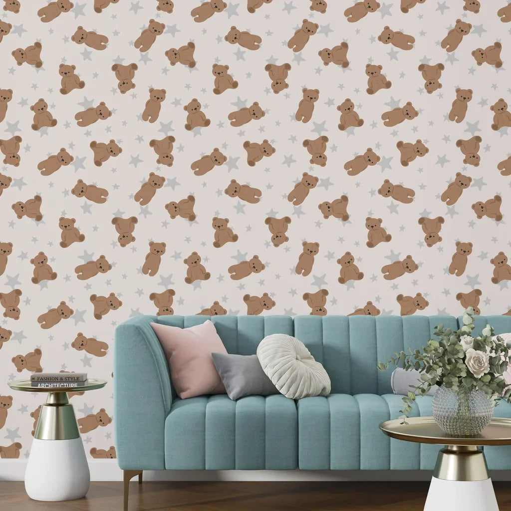 Easy-to-apply beige wallpaper roll with repeating motifs of cuddly bears and night sky stars for baby rooms - Dream Tandem