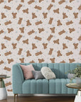 Easy-to-apply beige wallpaper roll with repeating motifs of cuddly bears and night sky stars for baby rooms - Dream Tandem