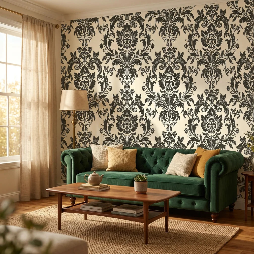 Dreamy Fern Dial black and cream damask wallpaper in a warm and inviting living room