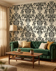 Dreamy Fern Dial black and cream damask wallpaper in a warm and inviting living room