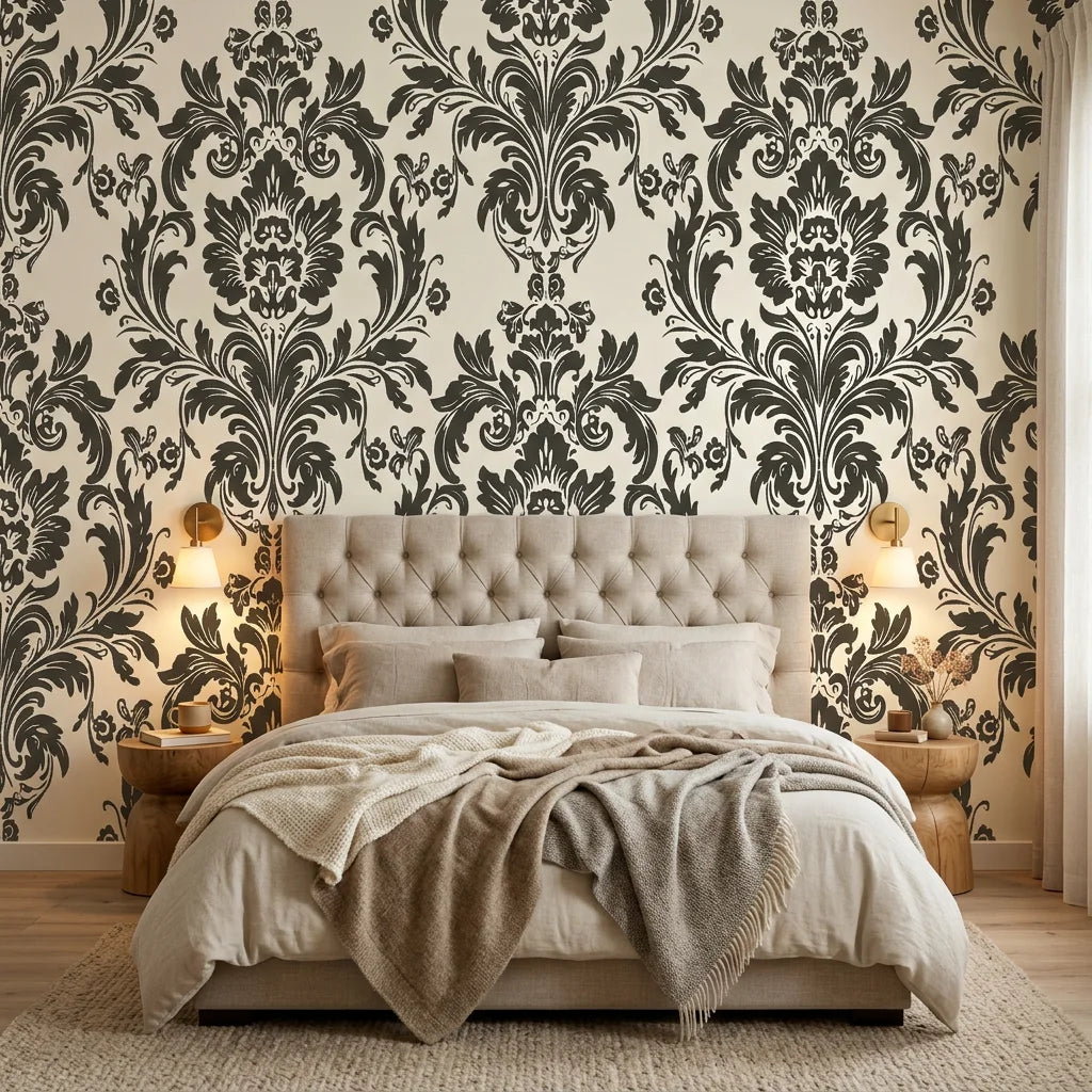 Dreamy Fern Dial black and cream damask wallpaper adding character to a cozy bedroom
