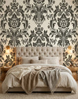 Dreamy Fern Dial black and cream damask wallpaper adding character to a cozy bedroom