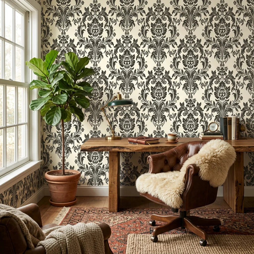 Dreamy Fern Dial black and cream damask wallpaper as a feature wall in a bright home office