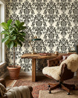 Dreamy Fern Dial black and cream damask wallpaper as a feature wall in a bright home office