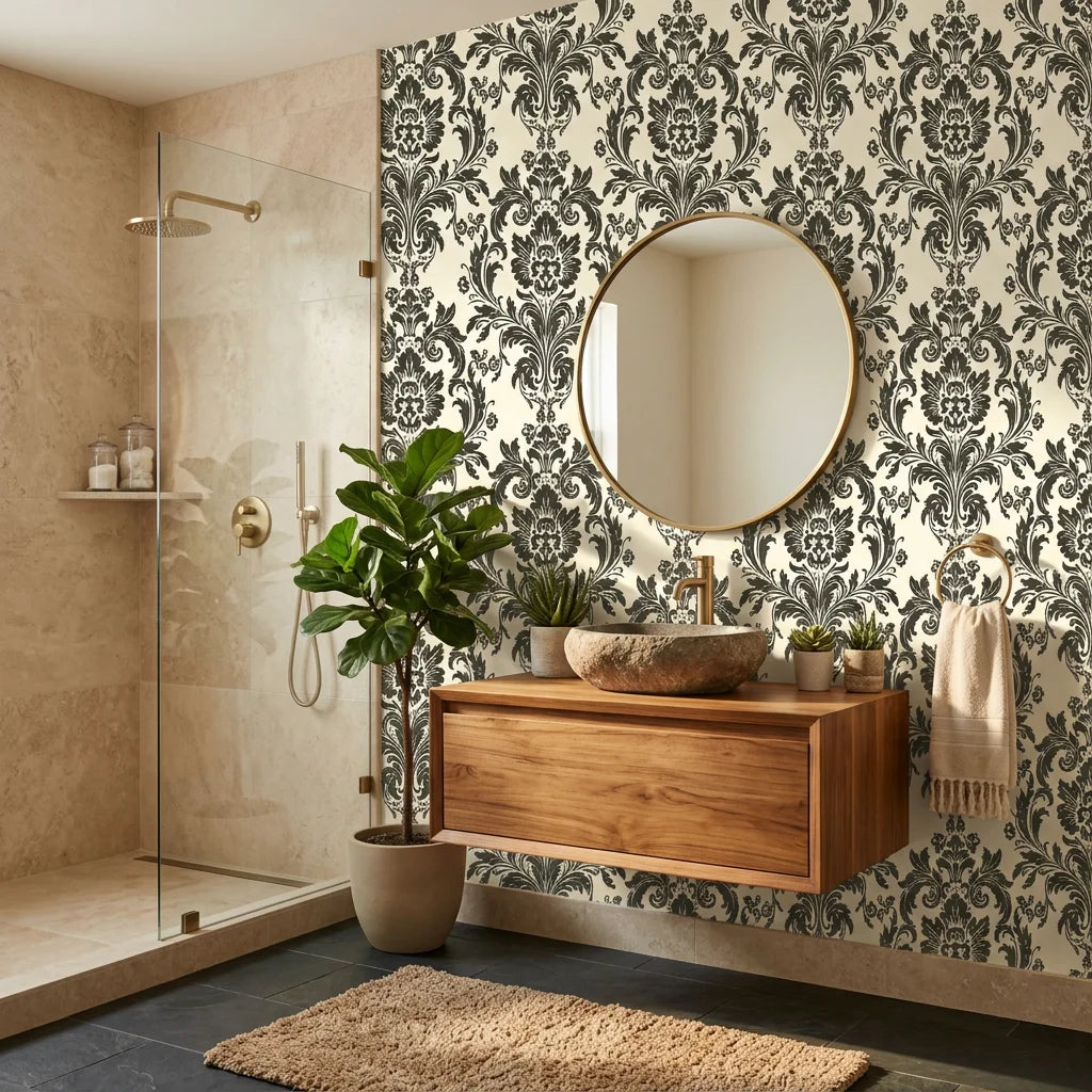 Dreamy Fern Dial black and cream damask wallpaper creating ambiance in a serene bathroom