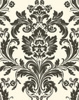 Classic black and cream Dreamy Fern Dial damask wallpaper with ornate baroque scrollwork and flourishes