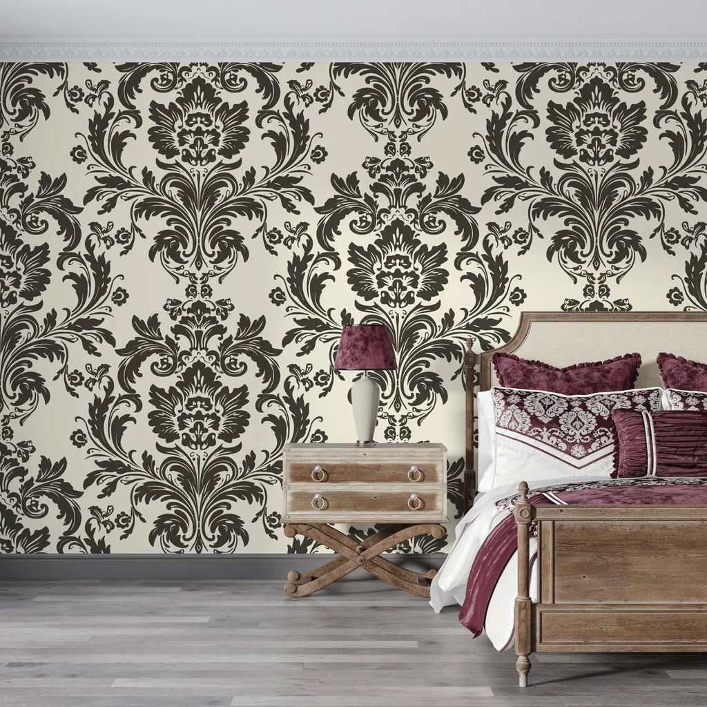 Black and cream Dreamy Fern Dial damask wallpaper in elegant bedroom with plum accents