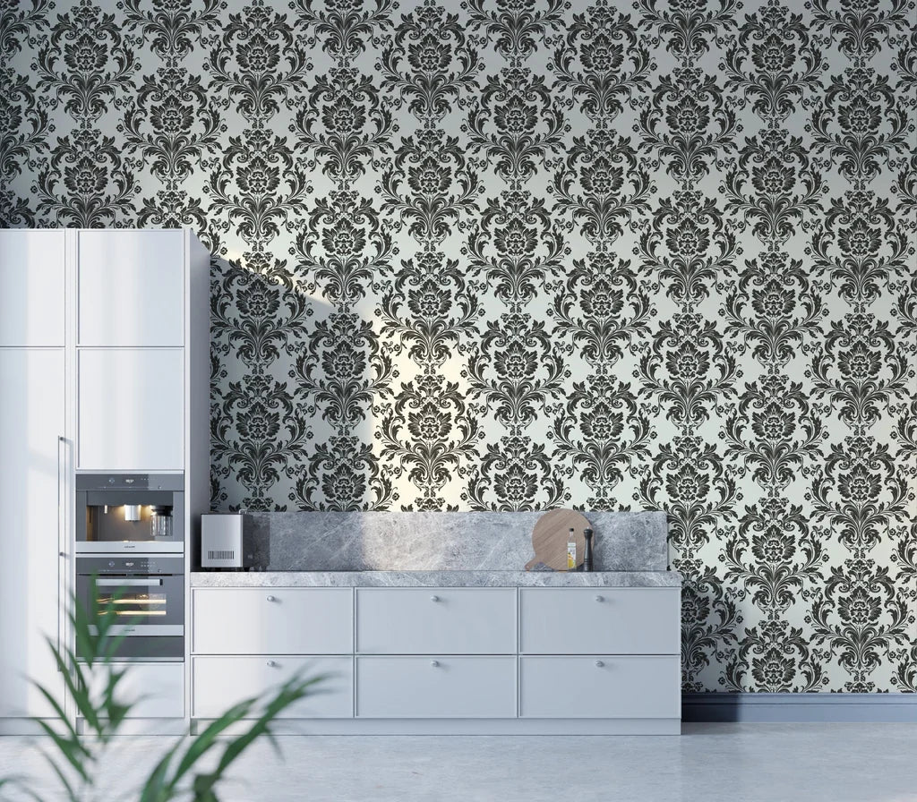 Black damask Dreamy Fern Dial wallpaper with ornate scrollwork on silver background in modern kitchen